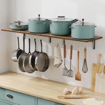 2 Pack Wooden 23.6'' Pot Pan Hanging Rack Wall Mounted with 10 S Hooks, Set of 2 Large Pot Wall Holder Kitchen Shelves.
