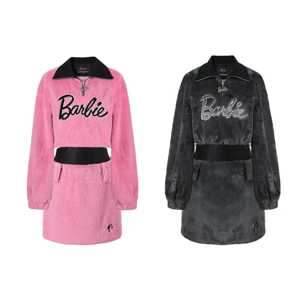 

Barbie Original Vintage Sweatshirts Skirt Suit Girls Winter Warm Long Sleeve Barbie Embroidery Pullovers Tops Waist Skirt Gift