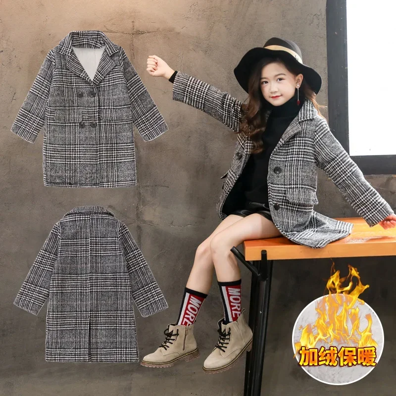 

New Girls Winter Coat Thick Woolen Jacket for Girls Fashion Plaid Kids Outerwear Autumn England Teenage Clothes for School Girls