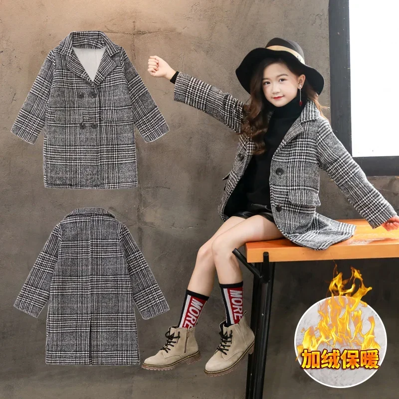 Girls' Plaid Woolen Winter Coat 1
