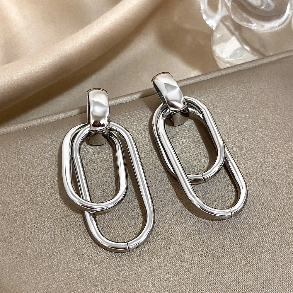 Fashion Stainless Steel Gold Silver Color Drop Earrings for Women Glossy Doublelayer U Shaped Pendant Earrings Jewelry Gifts