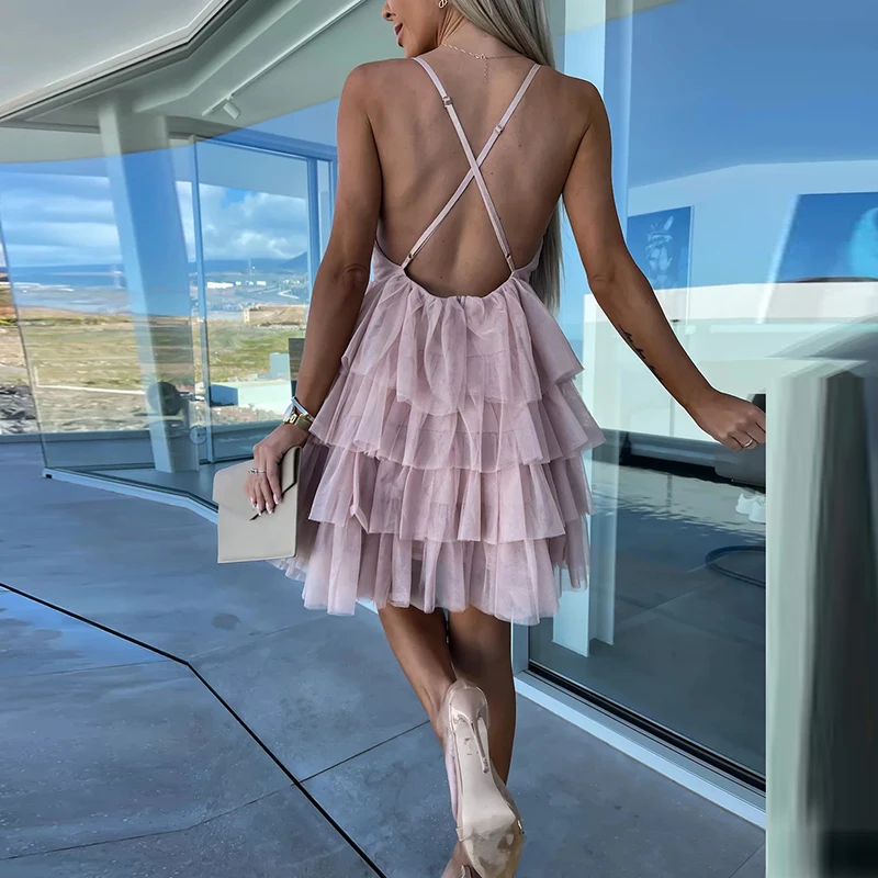 

Fashion Cascading Ruffle Loose Sexy Club Party Dress Women Loose Summer Mini Dresses Sexy Deep-V Backless Sling Mesh Cake Dress