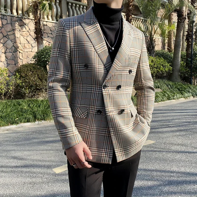 Autumn New Men's Business Casual Coat Blazers Double-breasted Lattice /Korean Version Slim Suit Jackets Dress Tuxedo
