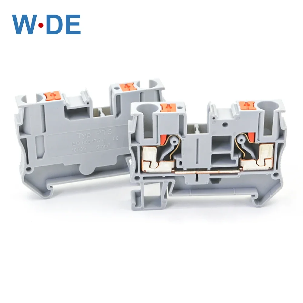 10Pcs PT-6 Din Rail Terminal Block  Connectors Push In Spring Screwless Feed Through PT6 Wire Connector Conductor