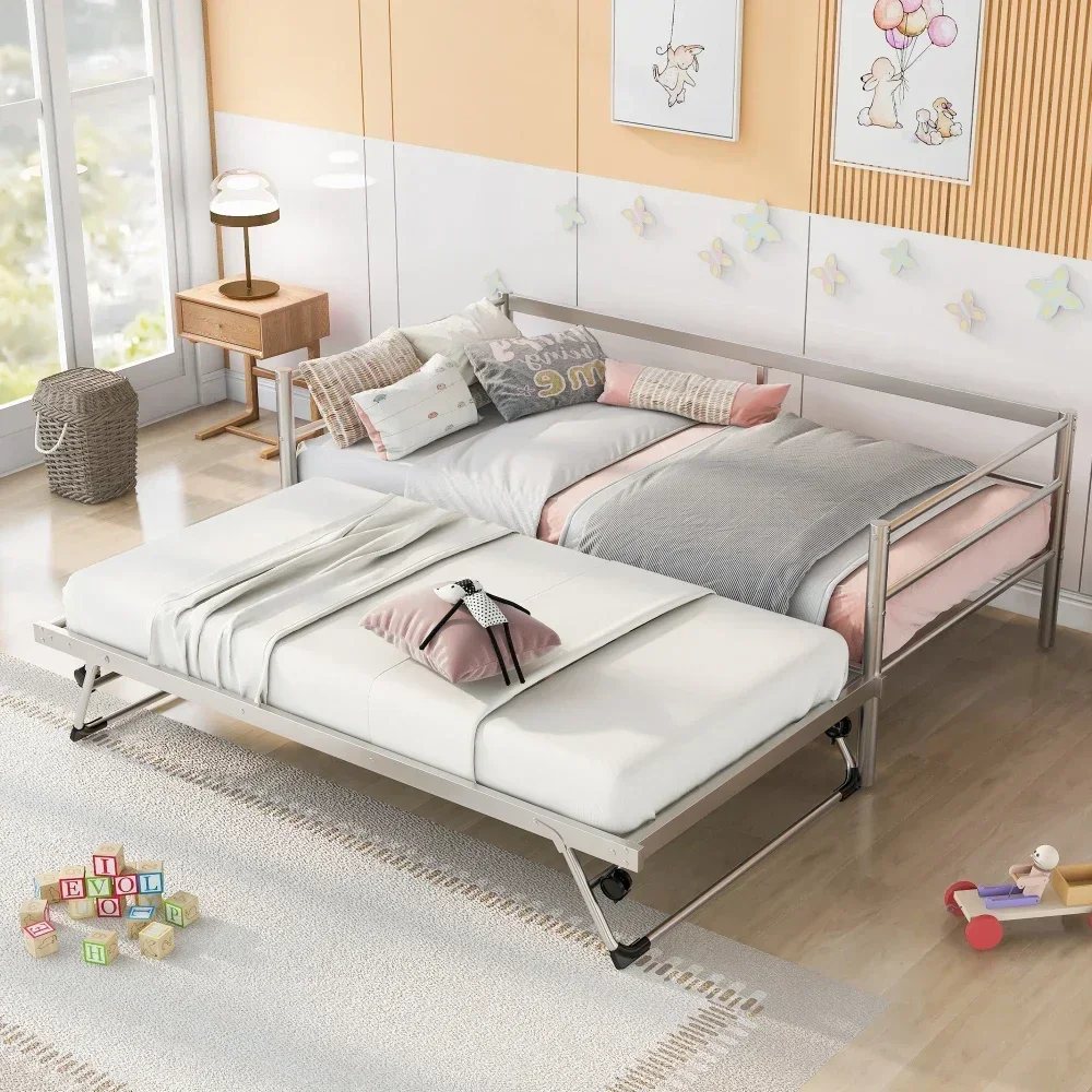Children Beds Twin Size Metal Daybed with Adjustable Trundle,Silver Bunk Beds for Kids for Girls From 6 To 12  Years Princesses 6