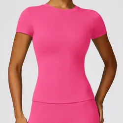 Women's Breathable Stretch Fitness T-Shirt - Summer Short Sleeve Activewear Top - S (Rose red)