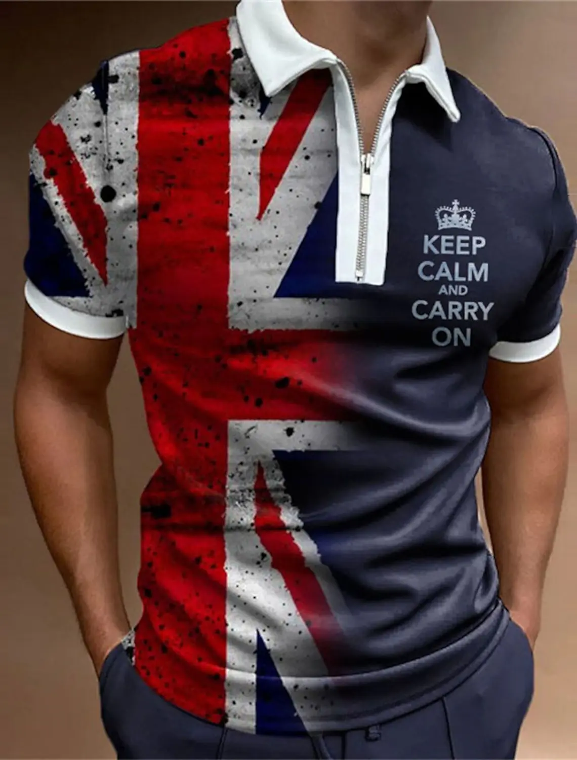 

Letter National Flag 3D Prints Men's Turndown Golf Shirts Polo Casual Trend Zip Short Sleeve Zipper Summer Regular Polo Shirts