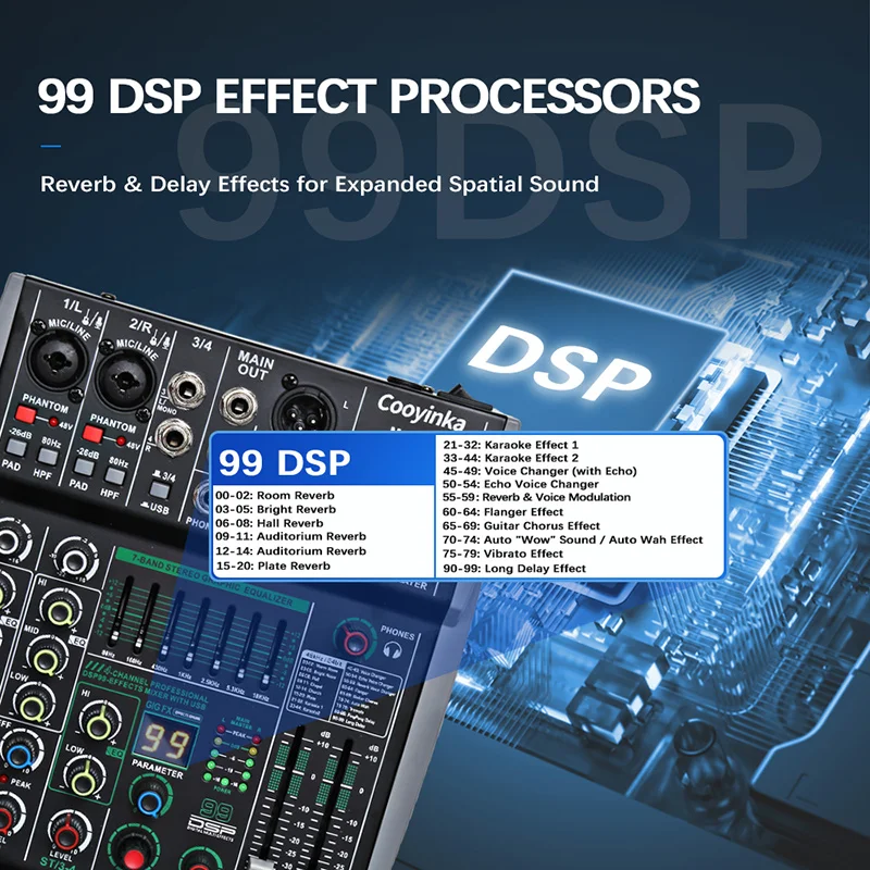 4채널 믹싱 콘솔 48V 99 DSP 이펙트 블루투스 로메호 오디오 DJ 믹서 USB PC 재생 녹음 팟캐스트 사운드 테이블