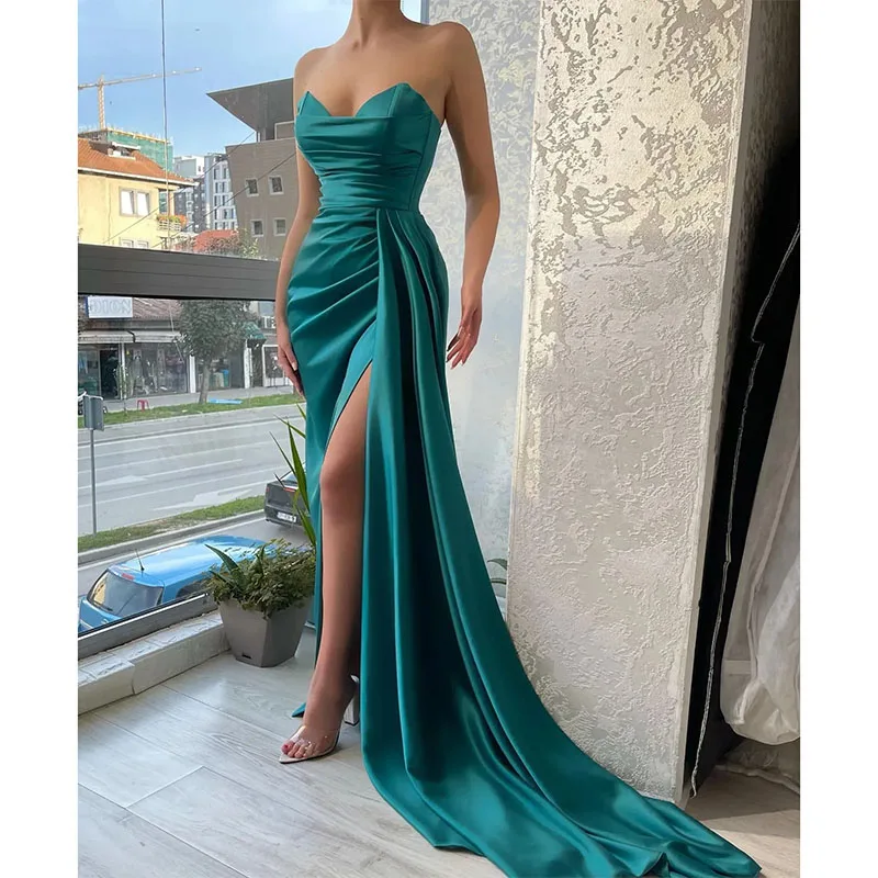 

Sexy Green Evening Dress 2024 Sweetheart Sleeveless Pleats Slit Satin Floor-Length Sweep Train Women Prom Birthday Gowns