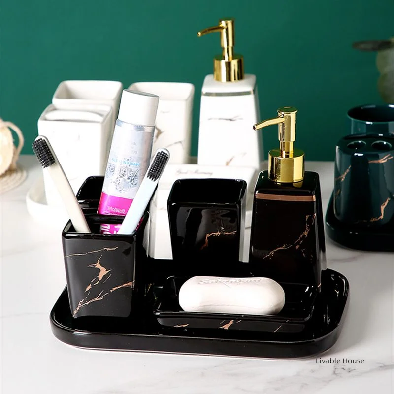 

Marbling Ceramic Bathroom Wash Supplies Lotion Bottle Mouth Cup Set Toothbrush Holder Soap Dish with Tray Bathroom 5-piece Set
