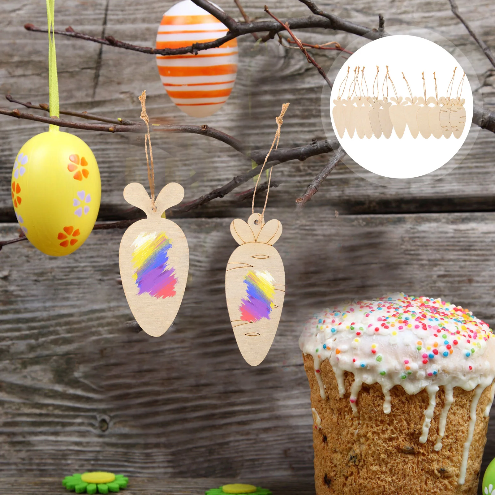 

36 Pcs Decoupage Paper Wood DIY Slices Easter Cutouts Carrot Chips Radish Pendants Unfinished Wooden Supplies