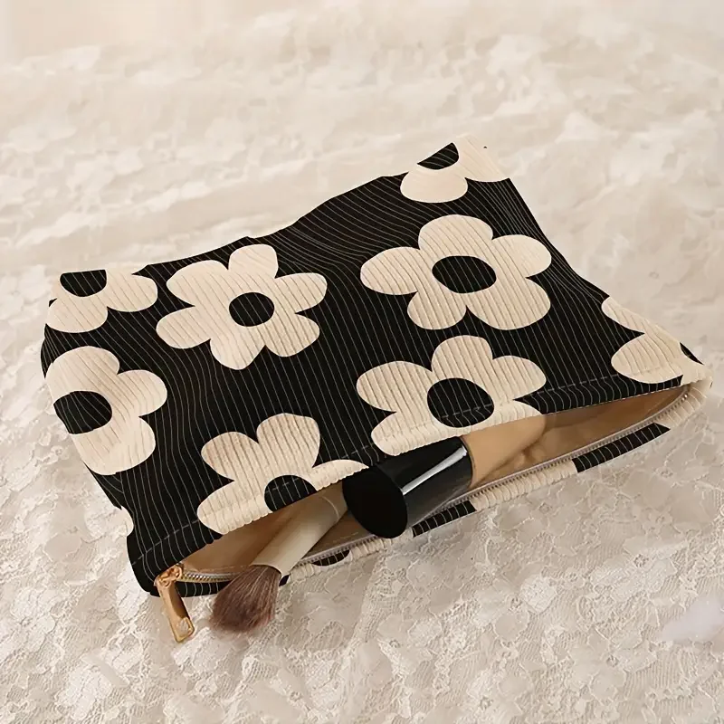 Yellow floral printed corduroy makeup bag, lightweight zipper makeup storage box, multifunctional bag with lining