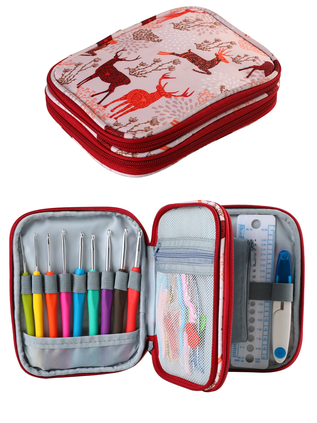 1pc Red Deer Shape Double-Layer Zipper Crochet Storage Bag, Knitting Needle Bamboo Circular Needle Accessories Organizer