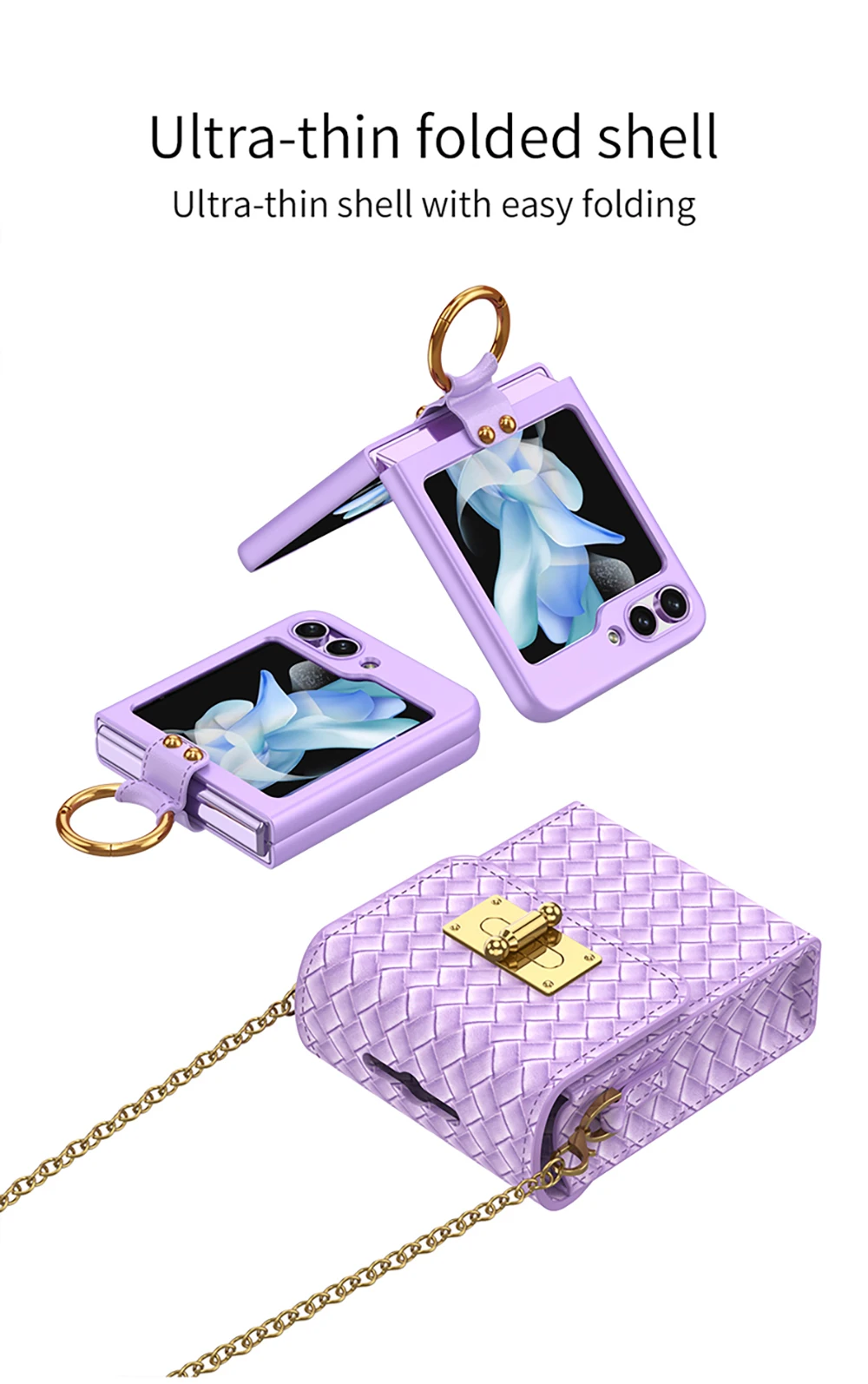 Mini tracolla per Samsung Galaxy Z Flip 3 4 5G Borsa per telefono con cordino a catena in pelle semplice con anello ultra sottile_voghion.com