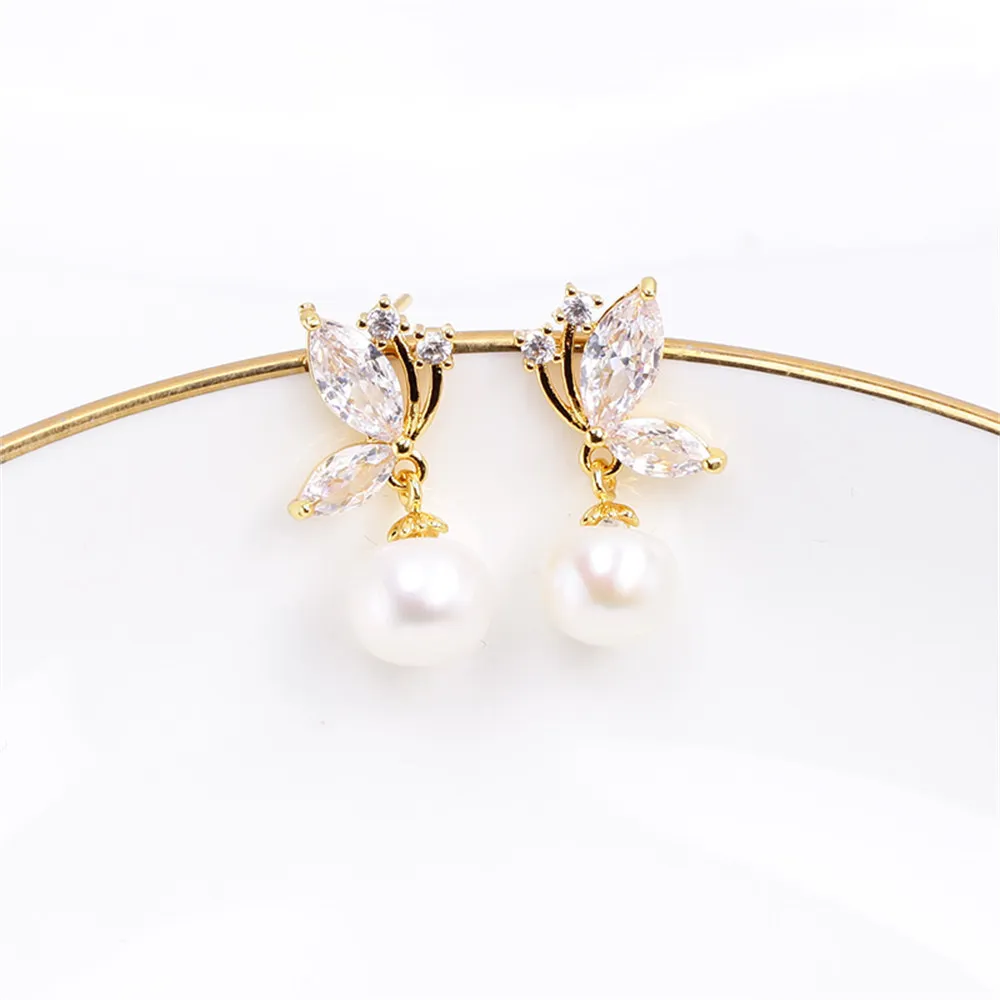 Domestic 14k Gold-plated Color-preserving Butterflies Dancing Zircon Pearl Earrings Empty DIY Accessories Temperament Female