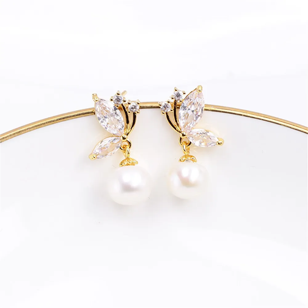 

Domestic 14k Gold-plated Color-preserving Butterflies Dancing Zircon Pearl Earrings Empty DIY Accessories Temperament Female