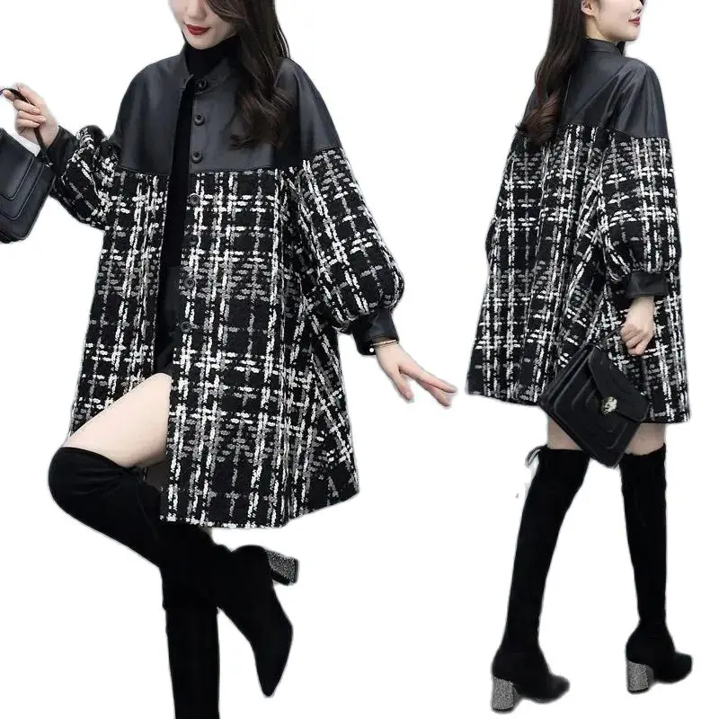 

Black Plaid Woolen Coat Women 2023 Autumn Winter New Fashion Outerwear Woolen Jacket Overcoat Loose Stitching Tweed Long Female