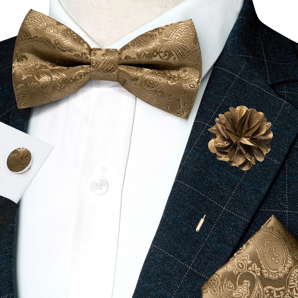 Champagne Silk Jacquard Paisley Bow Tie Set - Pre-tied Bowtie Brooch Hanky  Cufflinks for Weddings  Business