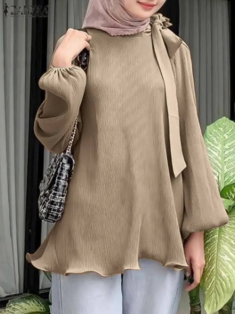 

Autumn Muslim Shirt ZANZEA Women Elegant Long Sleeve Pleated Tops Casual O Neck Lace Up Blouse Islamic Clothing Marocain Blusas
