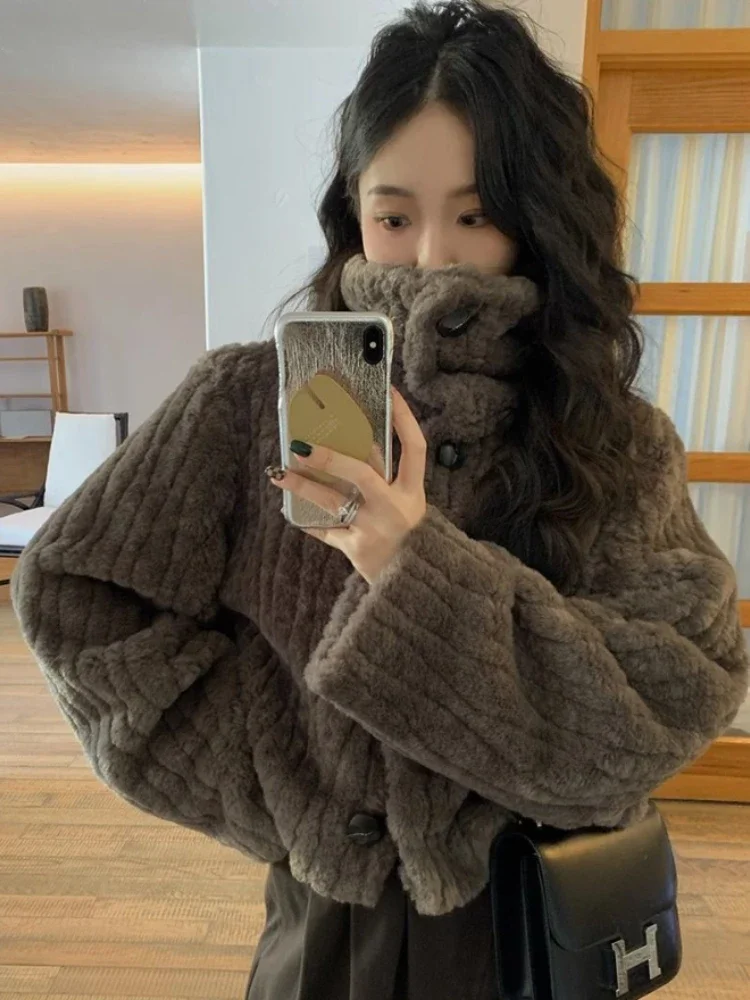 

Winter New Vintage Faux Fur Cropped Jackets Women Korean Style Fleece Fluffy Short Coats Elegant Thick Warm Female Outwear