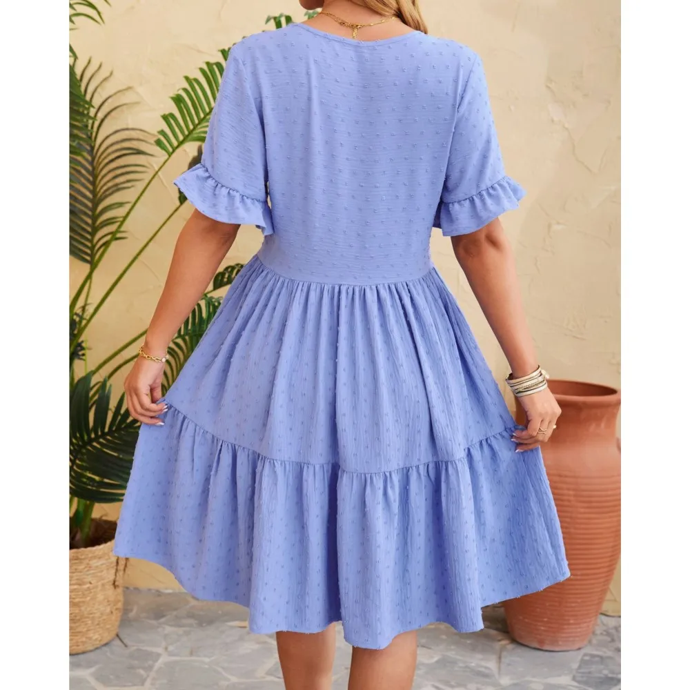 Vestito Donna Estate In Lino Bohémien - Scollo A V Con Bottoni, Maniche Corte, Taglio A-Line - Per Spiaggia E Occasioni Casual