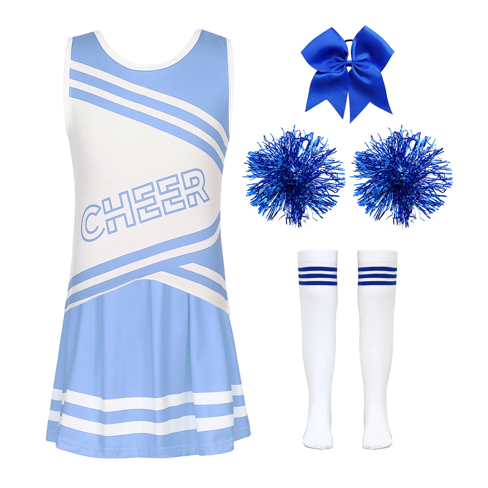 Kids Girls Cheer Leader Costume Cheerleading Uniform Cheer dance outfits Letters Printed Tops with Pleated Skirt Flower and Sock