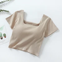 Women's Short Sleeve Tank Tops With Chest Pad Summer One Piece Casual Square Neck Crop Top With Built In Bra - Image 4