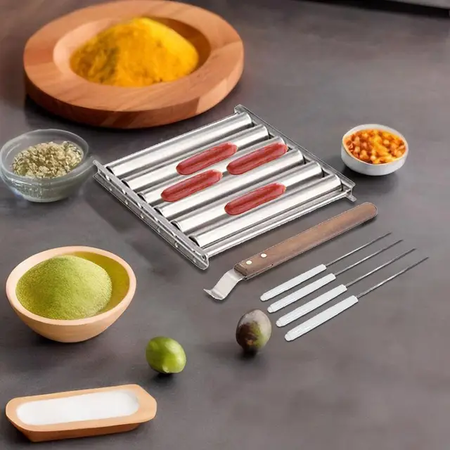 Rozsdamentes Acél Hot Dog Kolbászgörgő Gőzös Extra Hosszú Fa Fogantyúval Hőálló Bbq Szerszám Nem Tapadós Kolbászhenger - Image 4