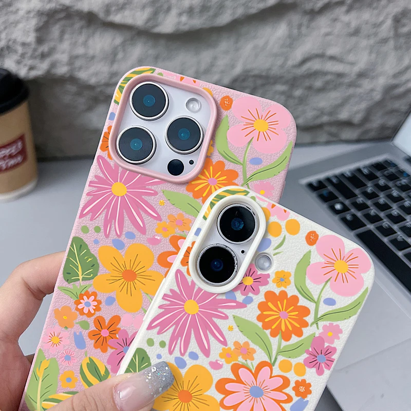 Vibrant Cartoon Flowers Shockproof Leather Texture Silicone Phone Case