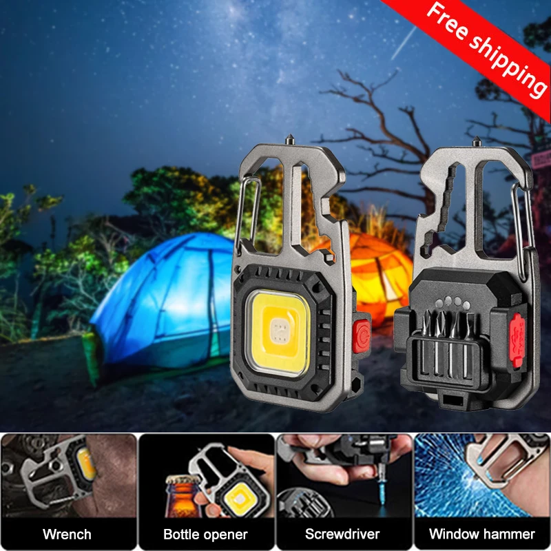 

Mini LED Work Lights Portable Keychain Flashlight Outdoor Camping COB Lamp With Wrench Emergency Broken Window Bottle Open Light