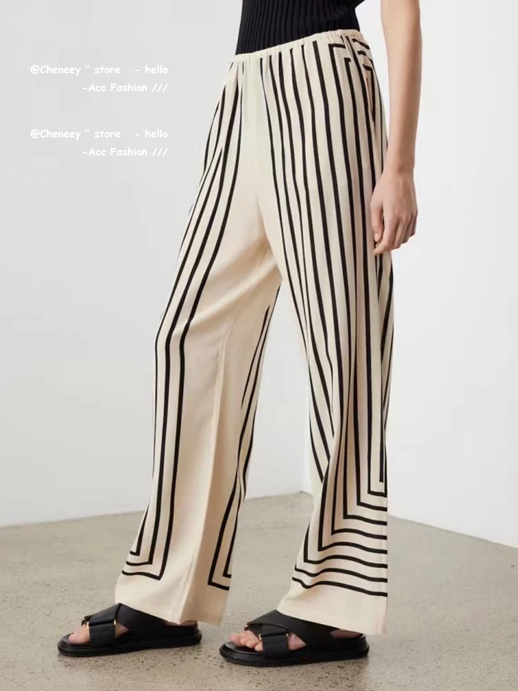 

2023 Spring Light Luxury Wide leg Pants Geometric-print Silk High-rise Casual Pants Fashion Elastic Long Mopping Pants