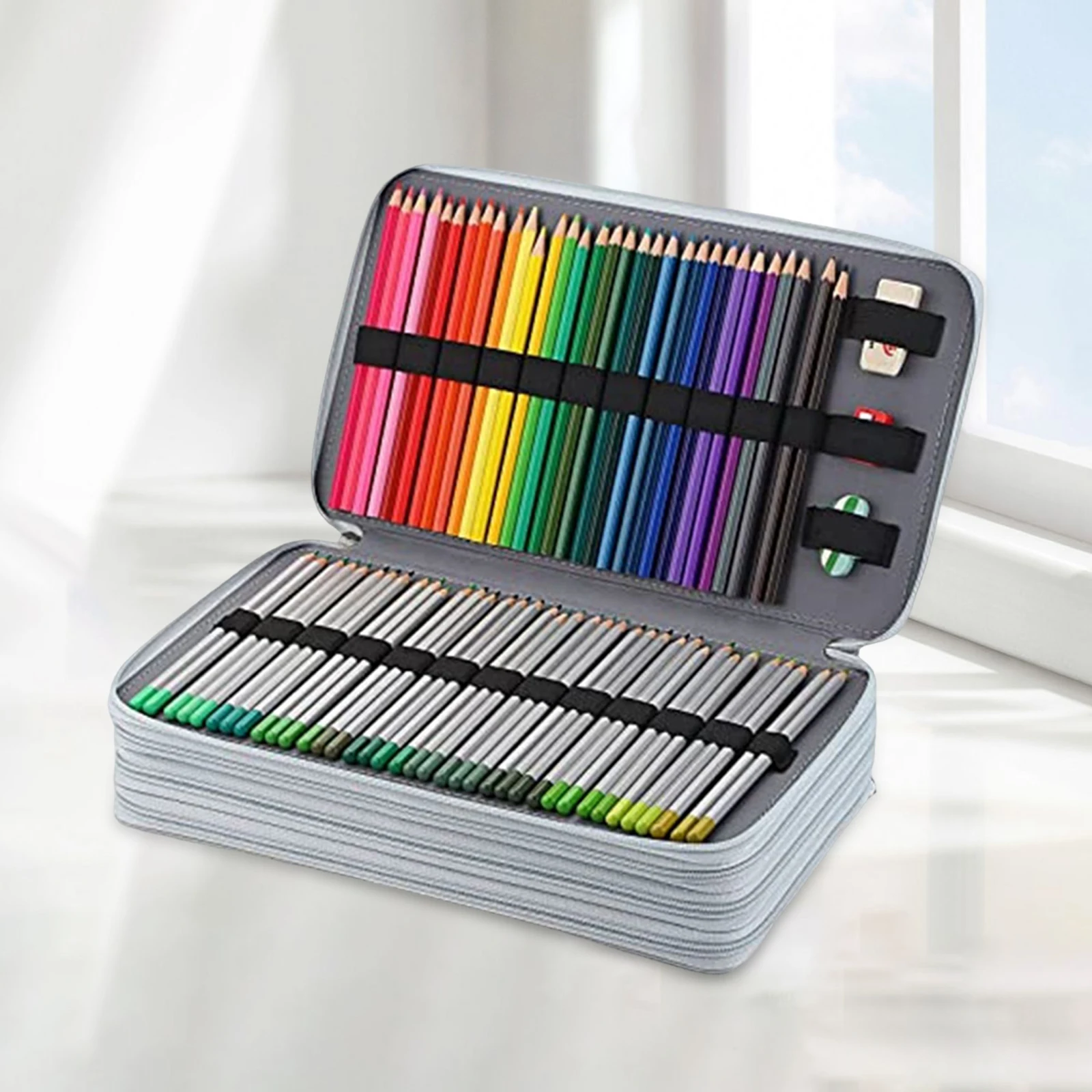Large Capacity 300 Slots Colored Pencil Organizer Colouring Pencils Organizer Zipper 4 Layers for Makeup Brushes Stationery