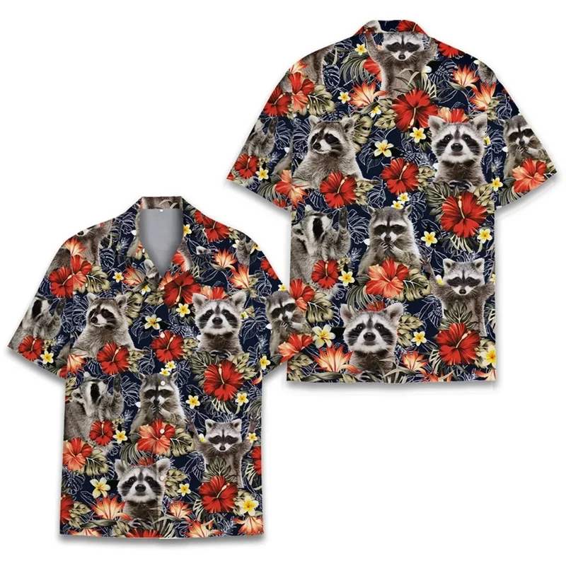 thumbnail image 1 of Camisetas hawaianas divertidas con estampado 3D de mapache, manga corta, sueltas y transpirables, estilo polinesio Tiki, para fiestas en la playa, para mujeres y niños, 1 of 4