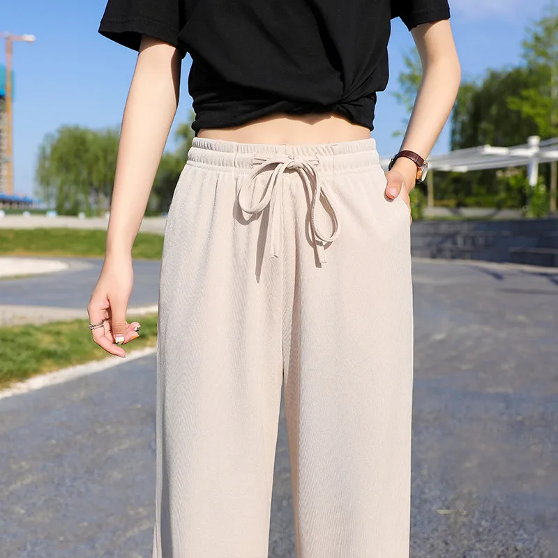 Female Versatile Fashion Trend Ice Silk Wide Leg Pants Women'S Summer Wear New Korean Loose Knit Straight Casual Trousers