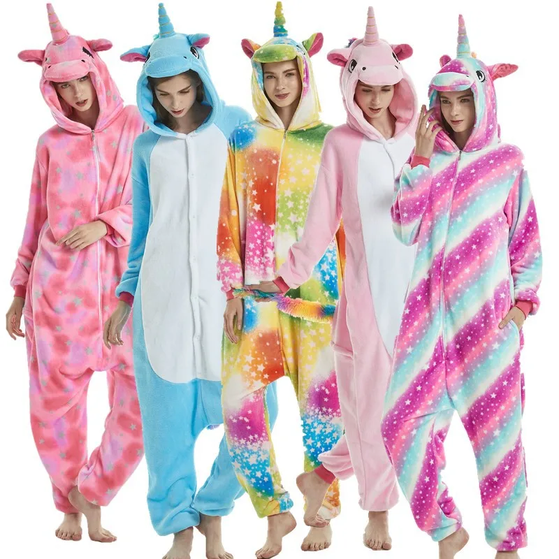 Adults Animal Unicorn Pajamas Cartoon Licorne Panda Kigurumi Women Costumes Winter Flannel Overalls Unicornio Sleepwear