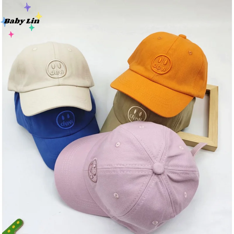 

Spring Summer Kids Baseball Cap Smile Face Embroidery Outdoor Young Children Sun Cap Boy Girl Beige Adjustable Baby Hip Hop Caps
