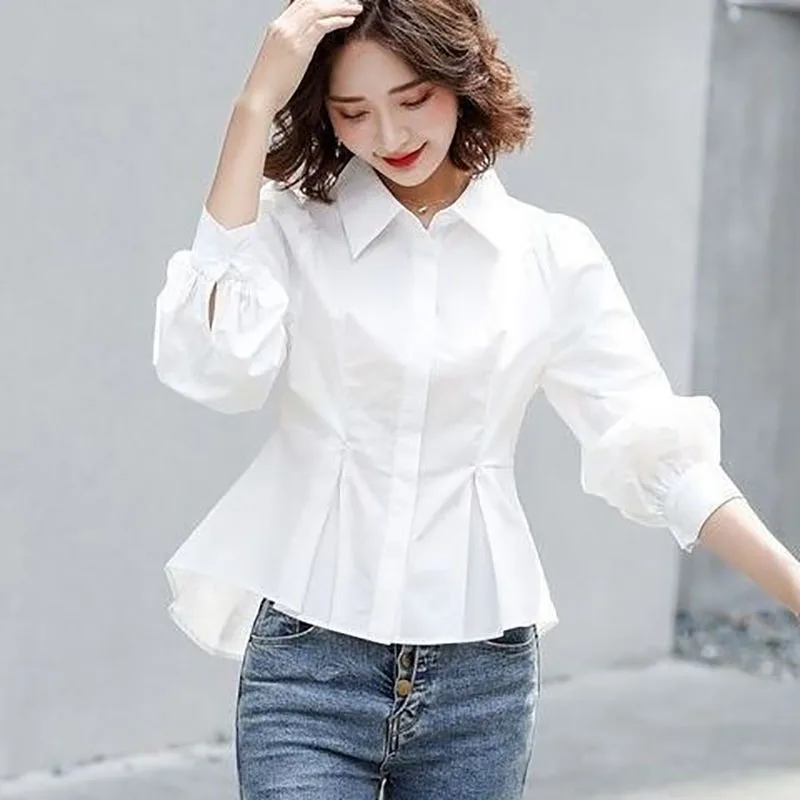 우아한 라펠 단색 불규칙 셔츠, 올 매치 오피스 레이디 블라우스, 여성 의류, 루즈 캐주얼 상의, 2022 가을 신상