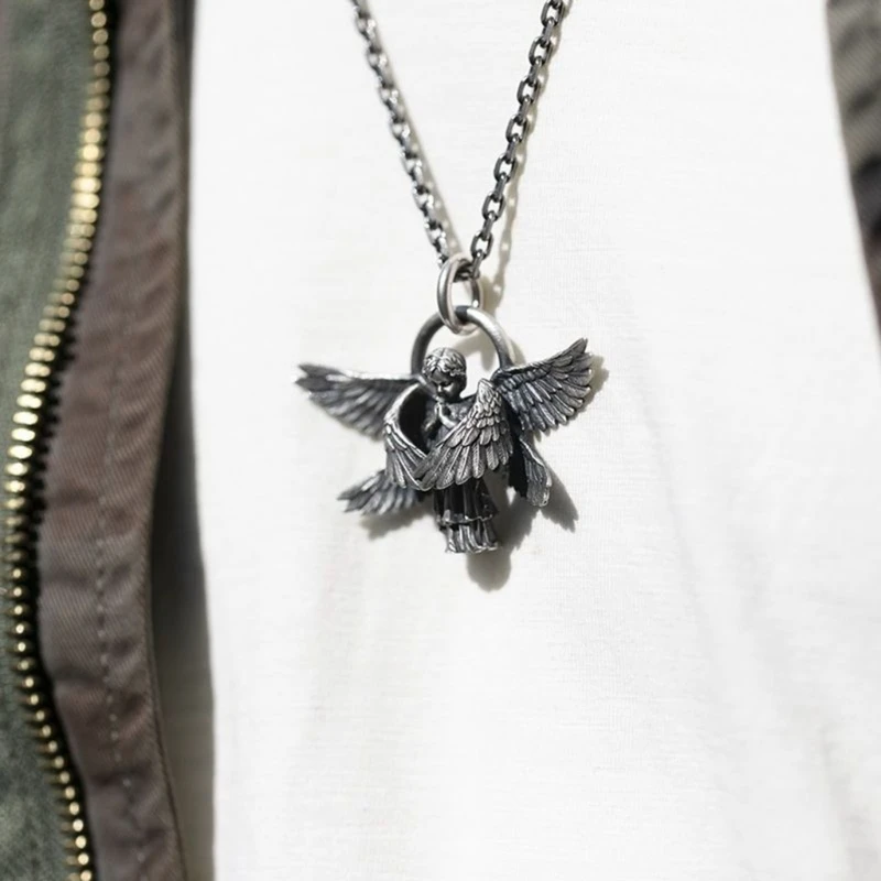YWMAN Guardian Angel Wings Necklace - Stainless Steel Seraphim Prayer Pendant, Gothic Six-Winged Amulet