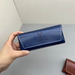 Deluxe Tri - Fold Leather Glasses Case with Magnetic Closure and Customizable Logo (Blue)