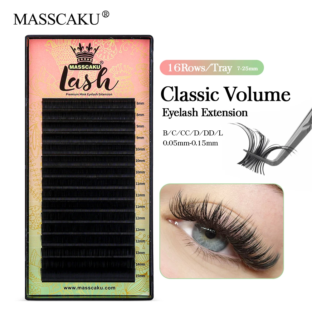 

MASSCAKU 16 Lines 8-25mm&Mix Classic Faux Mink Eyelash Extensions Premade Volume Super Soft Natural Makeup Black Eyelashes