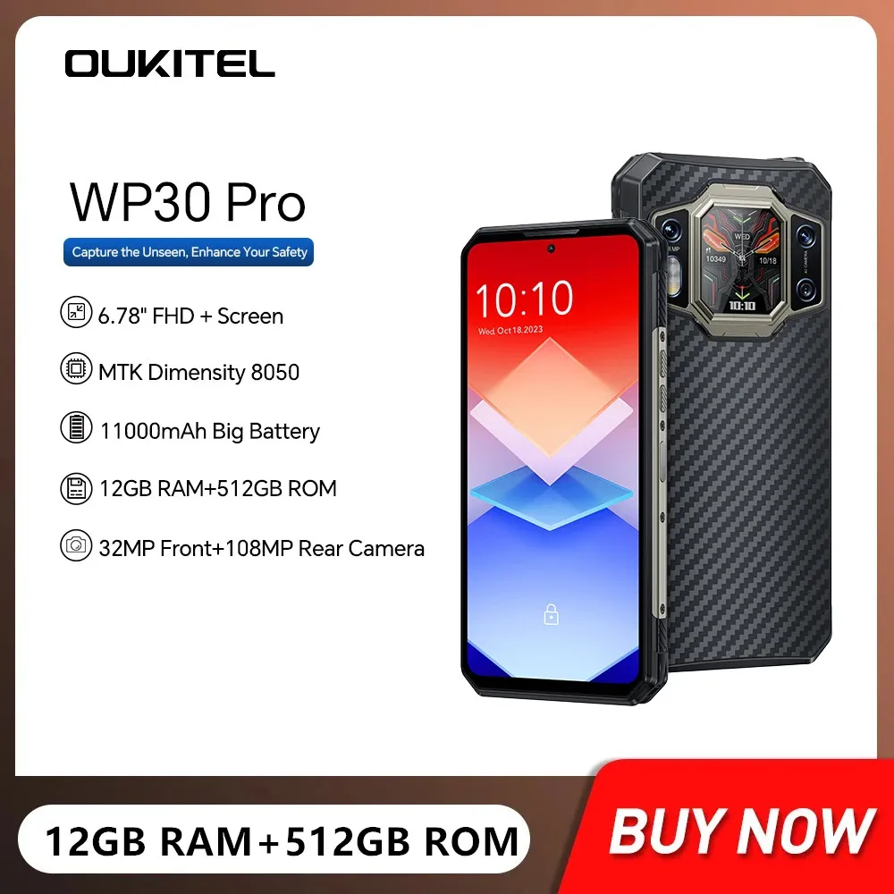 Oukitel WP30 Pro 5G Rugged Smartphones Octa Core 12GB+512GB 6.78Inch FHD Android 13 Mobile Phone 108MP 11000mAh 120W Fast Charge
