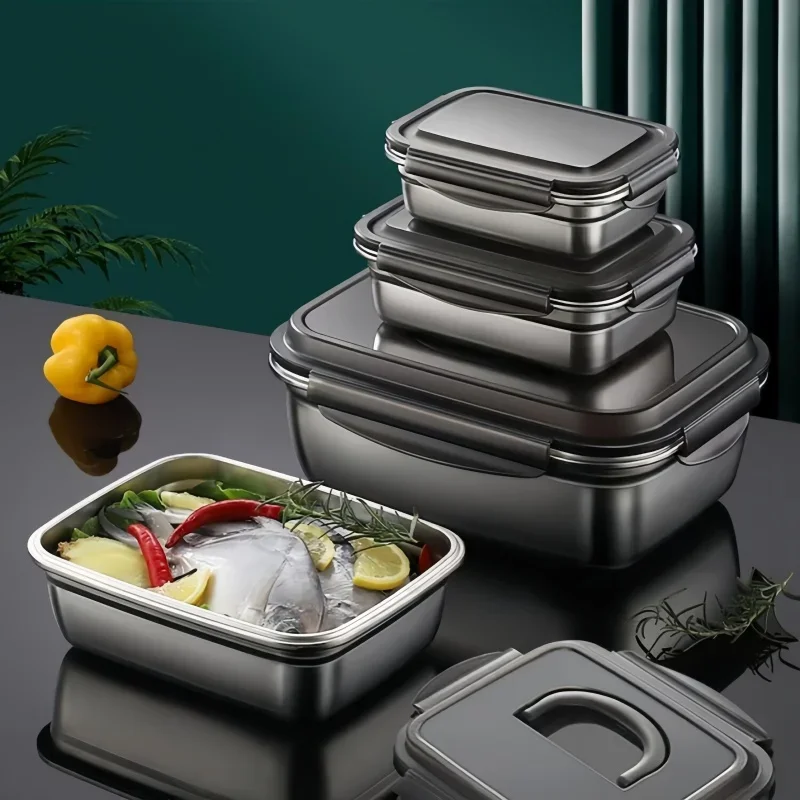 Saashi Stainless Steel Crisper Lunch Box Sealed Leak-proof Bento Refrigerator Freezer Camping.