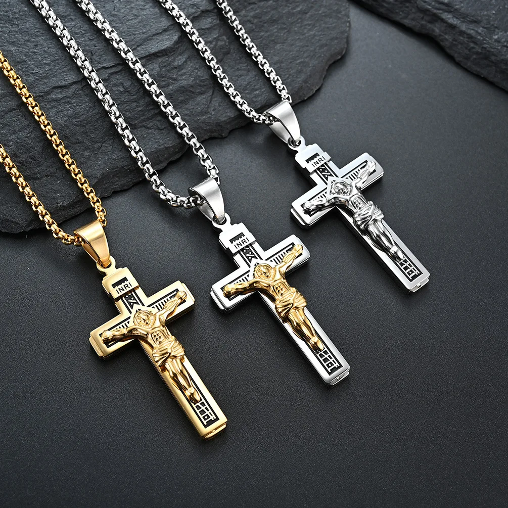 PSJ Jewelry Fashion Stylish High Polished Crucifix Design Pendant Stainless Steel Necklace for Men