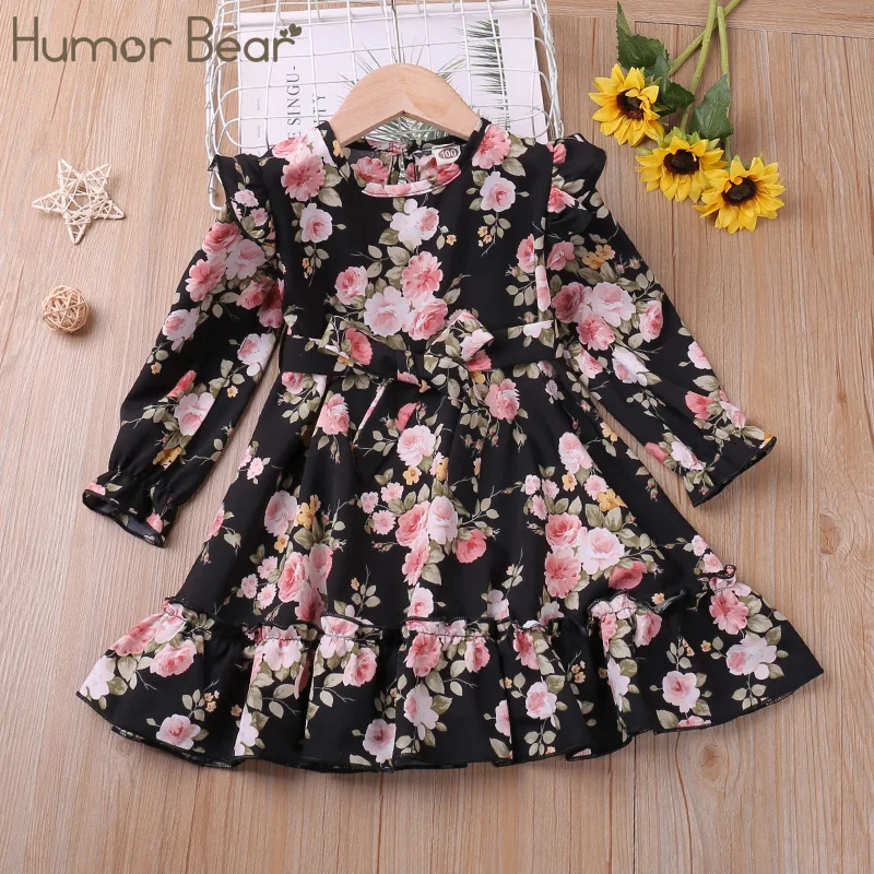 

Humor Bear Girl Dress Round Collar Ruffle Children Long Sleeve Floral Dress Kids Belt Bow Princess Dress