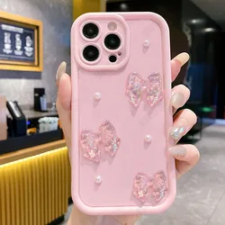 Elegant 3D Crystal Bow Pearl Phone Case with Silicone Cover - Samsung A23 5G (Pink)