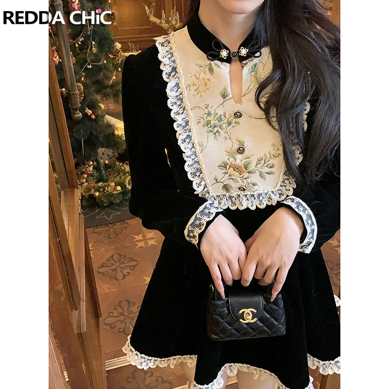 

Женское винтажное мини-платье ReddaChic, черное бархатное платье Чонсам на пуговицах с длинными рукавами, слитное жаккардовое платье с кружевной отделкой