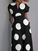 Yeezzi Women's Fashion Polka Dot Wide Leg Jumpsuits Short Sleeve High Waist Loose Fit Pockets Elegant Party Office Overalls - Image 5