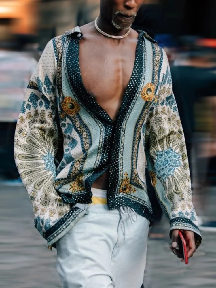Spring and Autumn classic printed long sleeve Shirt Men's casual street long Sleeve T loose printed Top