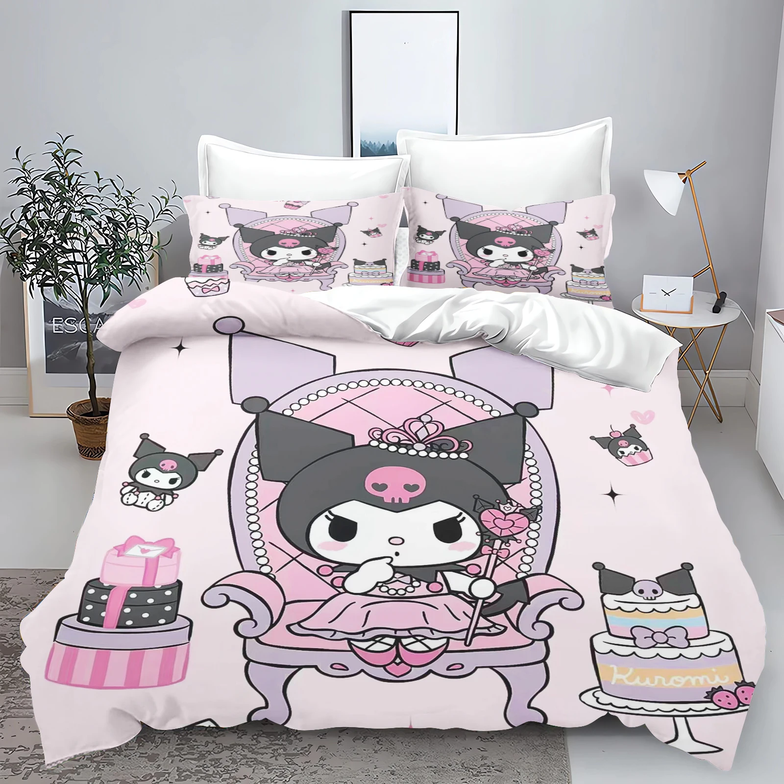 Sanrio Series Kurome 100% Polyester Printed Bedding Set Duvet Cover Queen Cotton Cute Printed Cartoon Quilt Cover With Pillowcas