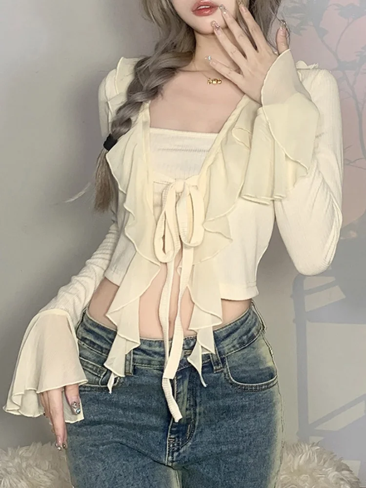 

Sexy Babes Solid Slim Crop Top Western Style Cardigan Tie Fake Two Pieces Long Sleeve T-shirt 2023 Summer Women Clothes Fashion
